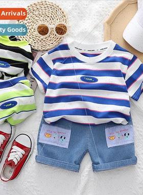 Korean summer color clashing childrens suit short-sleeved t-