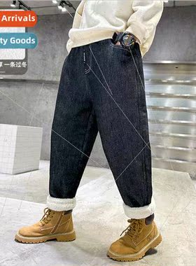 Boys padded pants big childrens winter one lamb fleece velve