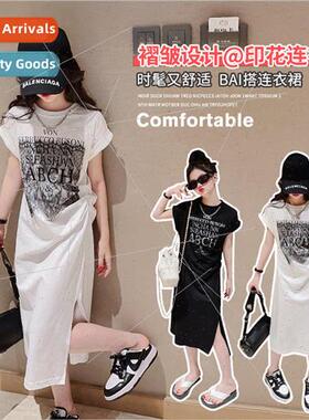 Girls summer letters slit dress 2023 new Korean  of the long