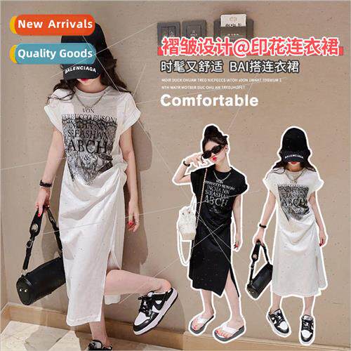 Girls summer letters slit dress 2023 new Korean  of the long
