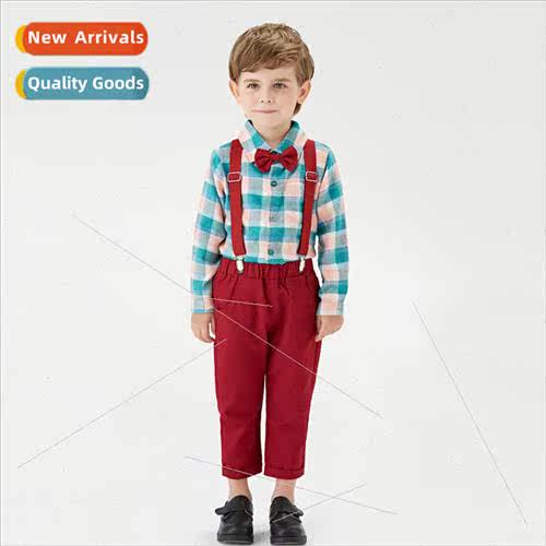 Childrens fall suit new Hong Kong  retro plaid shirt back wi