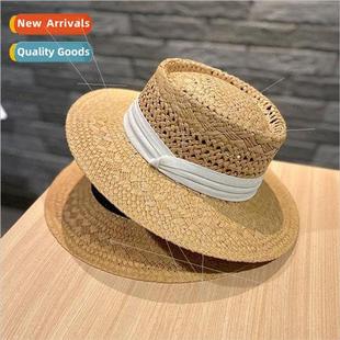 flat female new hat straw brim top concave fashion the with