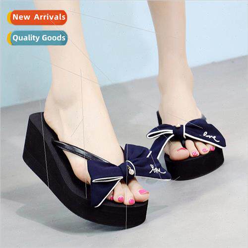 2019 new bow women word slippers summer high heel thick bott