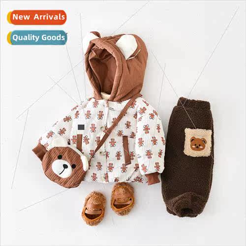 Infant cotton jacket jacket winter warm full print bear hood
