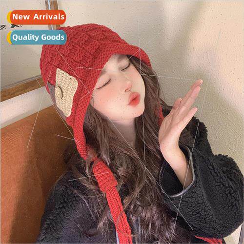 Autumn and winter knitted cap button fabric tassel red hat w