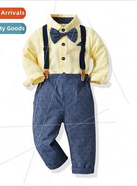 Autumn baby boy long-sleeved bow shirt jacquard plaid strapp