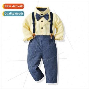 long sleeved plaid baby strapp jacquard boy shirt Autumn bow