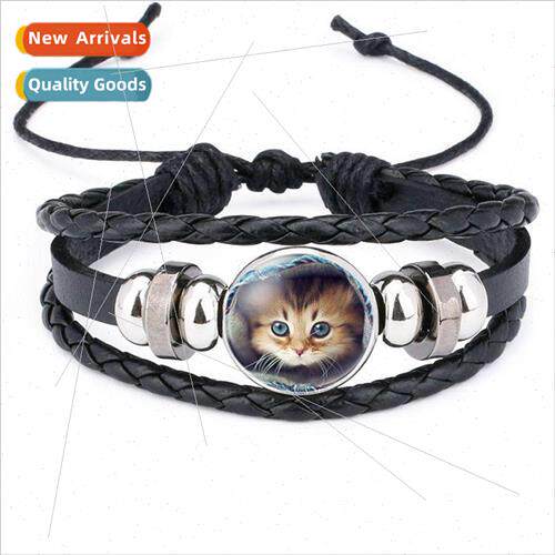 Cute Cat Time Gemstone Hand-Woven Cowhide Bracelet Ornaments