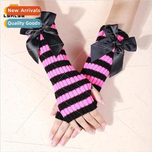 finger striped warm gloves knitted half decorative New bow
