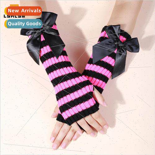 New gloves half-finger striped bow decorative knitted warm s