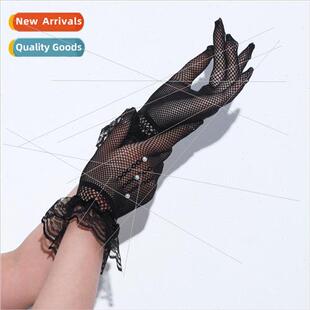 Bridal Wedding Gloves Vintage Lace Short Pearls Sewing Beads