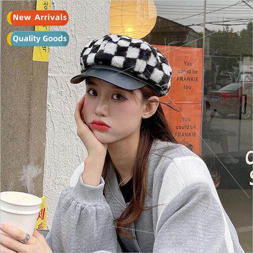 Autumn and winter fashion checkerboard plaid octagonal cap f