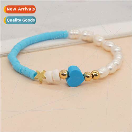 gold stars sky blue peach heart soft ceramic pearl bracelet