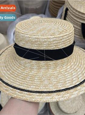 French large-brimmed flat-top strapped straw straw hat femal