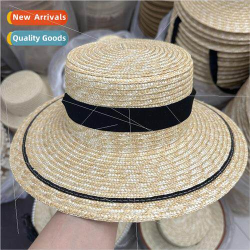 French large-brimmed flat-top strapped straw straw hat femal