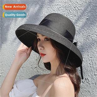 straw hat sun Retro vacation black sunscreen sea Hepburn
