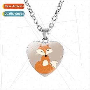 Cartoon Fox Pattern Love Heart Gemstone Pendant Necklace Wom