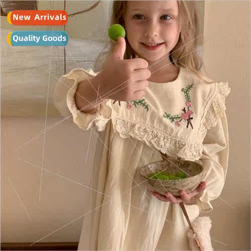 Girls embroidered flowers lace lace dress 2023 fall new Mori