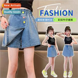 2023 summer girls new color buckle denim skirt pants middle