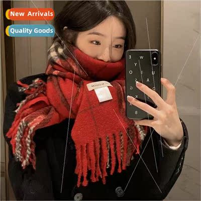 Retro red plaid scarf female winter England classic wild dou