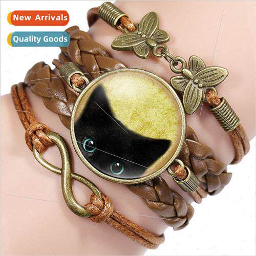 Vintage Black Cat Time Gemstone Hand-Woven Bracelet Multi-La