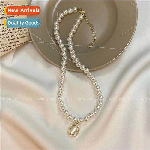 New cat eye stone pearl necklace light luxury niche collarbo