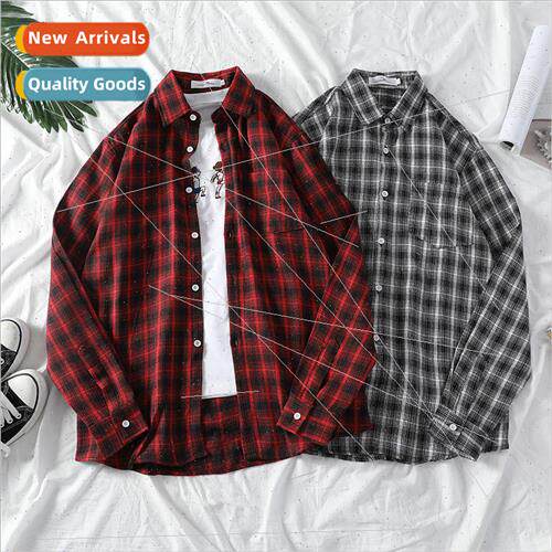 ins personality of the plaid shirt jacket mens shirt long-sl