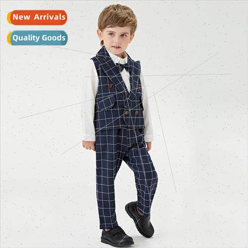 New Kids Fall Plaid Suit Vest Bowtie Shirt Kids Pants Three