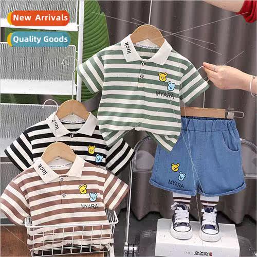 2023 boys summer new striped cartoon bear short-sleeved suit