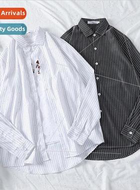 Spring ins simple striped long-sleeved shirt men loose  hund