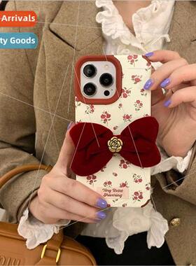 Korean  ins burgundy bow flowers 适用 iPhone 14 phone case 1