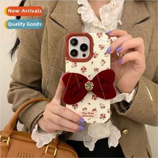 iPhone burgundy case phone 适用 flowers bow ins Korean