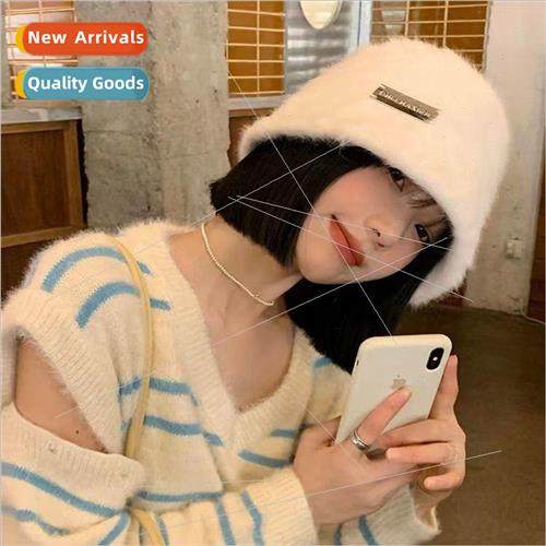 White rabbit hair hat female fall and winter plush fisherman