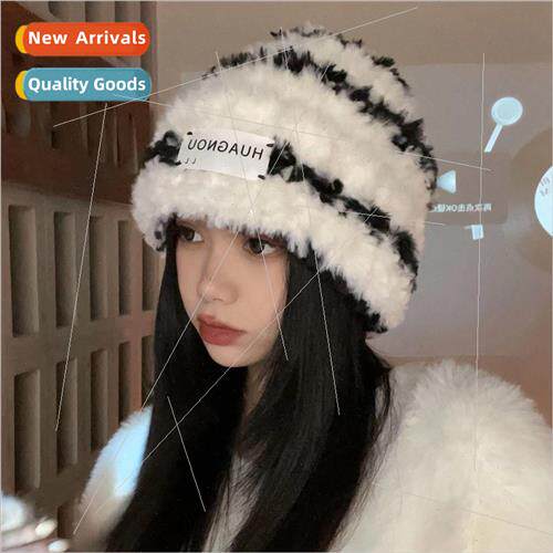 Striped plush hat female fall and winter show face small hai