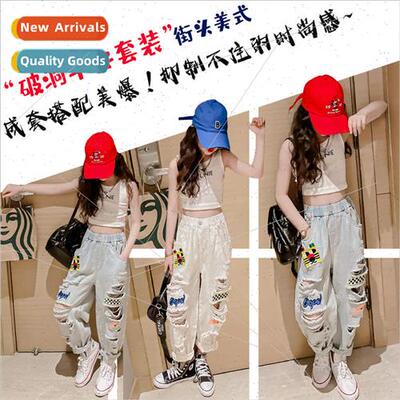 Childrens undershirt cowboy ripped pants set 2023 summer new