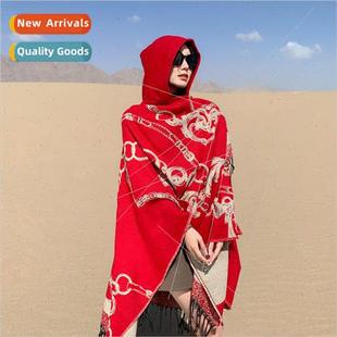 Travel ethnic red photo female shawl cape wind scarf chain