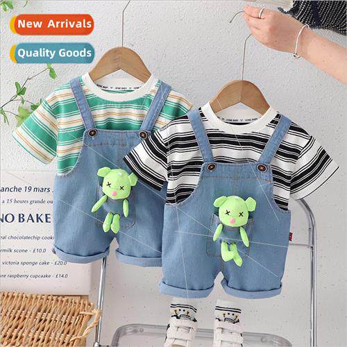 Boys striped short-sleeved hanging bear backpack pants summe