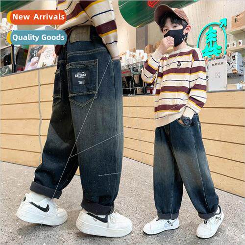 Boys winter padded jeans 2023 new childrens thickened one-pi