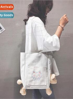 Cute bear canvas bag female 2021 new fashion students handhe