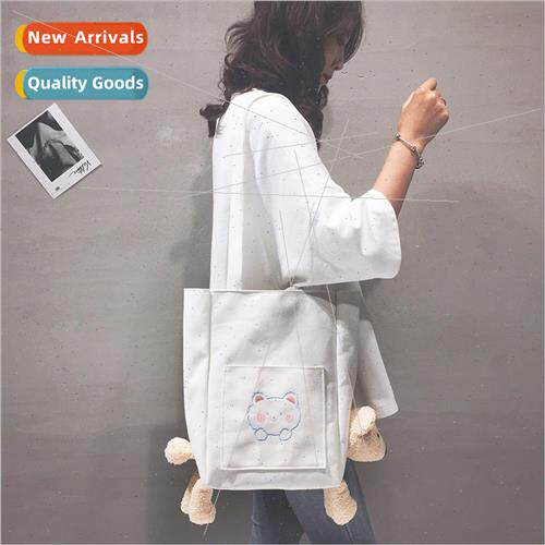 Cute bear canvas bag female 2021 new fashion students handhe