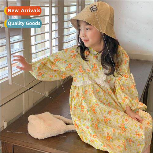 Childrens dress 2023 fall girls Korean  of plaid lace dress