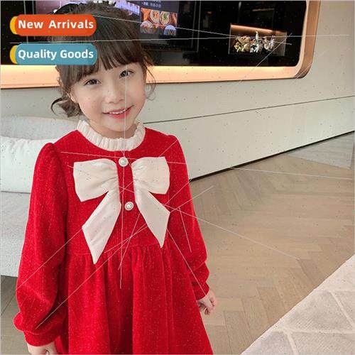 Childrens padded dress 2023 winter female baby bow solid col