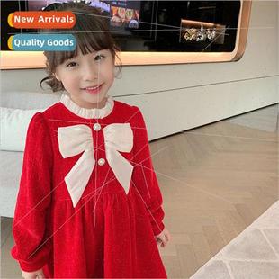 2023 winter solid padded col bow dress baby Childrens female
