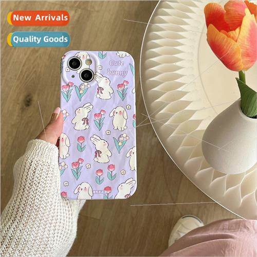 INS  purple background flowers rabbit 适用 iPhone 12/13 plea