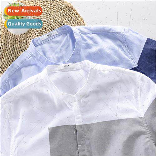 Japanese color blocking collar cotton shirt men seven-minute
