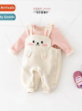 Baby clothes Girls Autumn and winter plus velvet striped lon