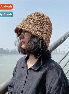 terary straw crochet handmade bucket hat Korean  of the summ