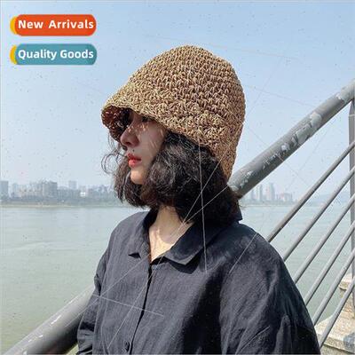 terary straw crochet handmade bucket hat Korean  of the summ