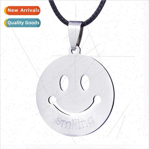 Leather Strap Smiling Pendant Necklace Stainless Steel Titan