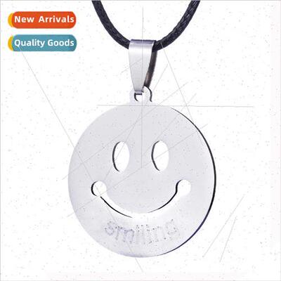 Leather Strap Smiling Pendant Necklace Stainless Steel Titan